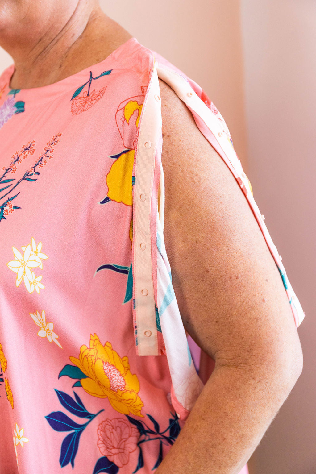 limonata pink fiorella print adaptive top with sleeve open showing accessibility features