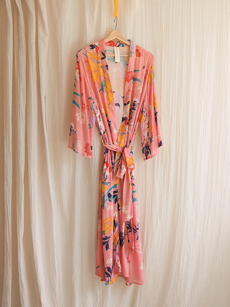 limonata pink fiorella print chimono robe hanging on a coathanger