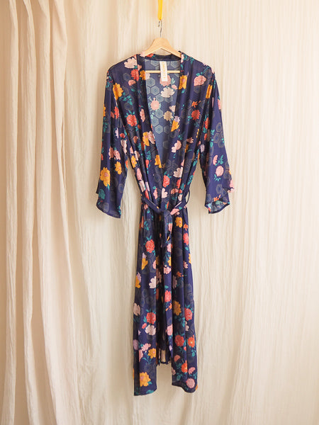 limonata navy geometrica print chimono robe hanging on a coathanger